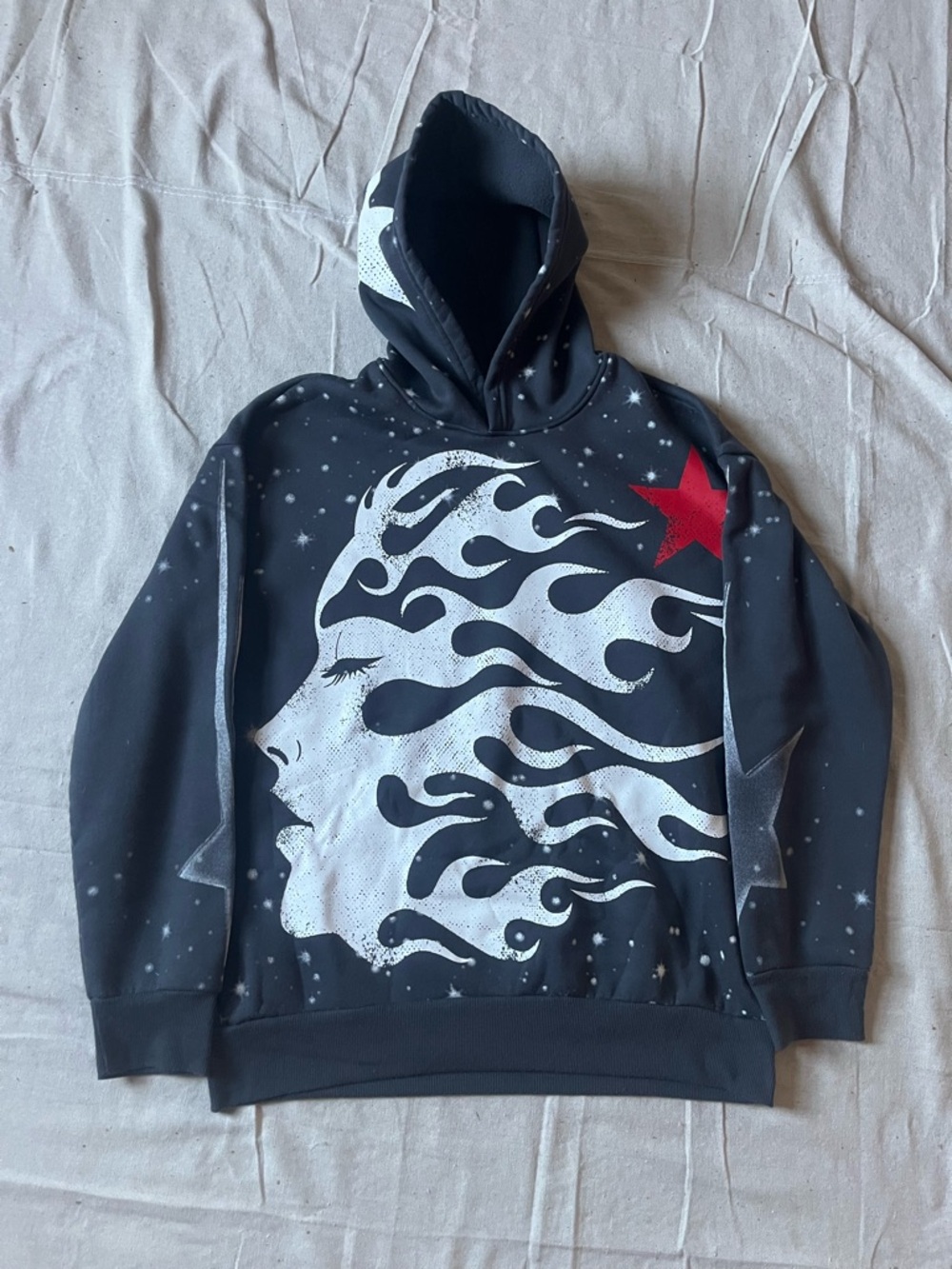 Grey Graphic Hellstar Hoodie with White Flame Face and Red Star